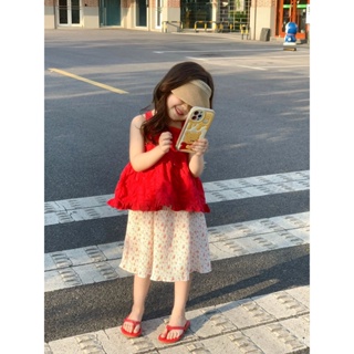 Korean style childrens wear girls red camisole suit summer 2023 New broken pleated overskirt two-piece set LQSX