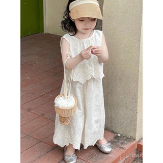 Girls Korean style suit 2023 Summer new baby girl lace sleeveless vest casual wide leg pants two-piece set S1SS