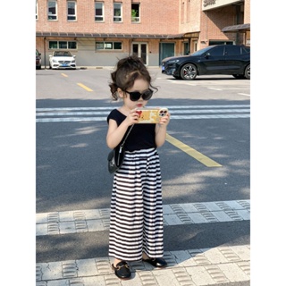 Korean childrens wear girls Internet celebrity summer suit foreign fashionable black camisole striped pants two-piece suit fashionable O6VB