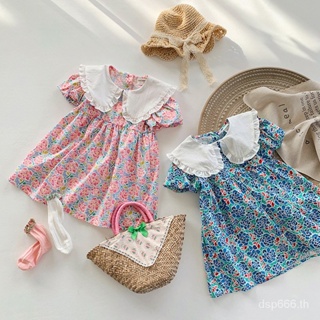 Korean childrens clothing French rose lapel girls dress 2023 Summer new foreign childrens short-sleeved dress V5AF