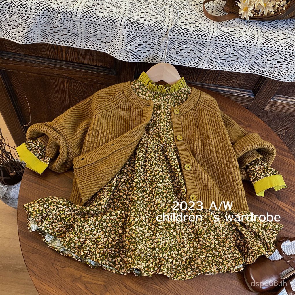 korean-style-childrens-clothing-2023-autumn-new-foreign-girls-broken-dress-set-childrens-knitted-cardigan-two-piece-set-15md