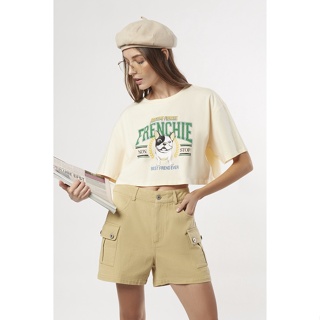ESP เสื้อทีเชิ้ตลายเฟรนช์ชี่ ผู้หญิง สีงาช้าง| Oversized Frenchie Print Tee Shirt | 06063