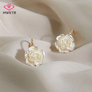 Hwetr ต่างหูสตั๊ด จี้ดอกคามิเลีย ประดับไข่มุก ดอกไม้สีขาว หรูหรา เครื่องประดับ สําหรับผู้หญิง