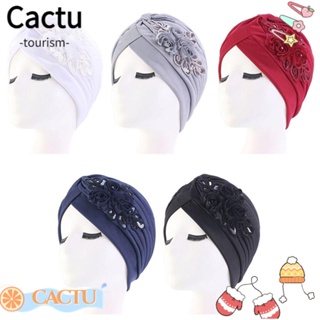 Cactu หมวกผ้าโพกหัว มุสลิม ปักเลื่อม ดอกไม้ ผ้าพันคอ หมวกนอน
