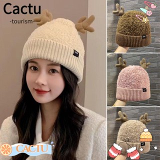 Cactu หมวกบีนนี่ ผ้าถัก หนา ให้ความอบอุ่น สีพื้น เหมาะกับฤดูหนาว สําหรับขี่เขากวาง