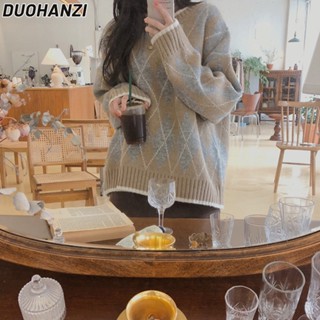 Duohanzi เสื้อกันหนาว แขนยาว ผ้าถัก ทรงหลวม สไตล์เกาหลีเรโทร สําหรับผู้หญิง