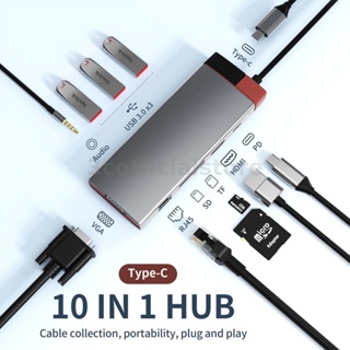 Basix 10 in 1 ฮับ USB Type-C เป็น PD 100W USB3.0*3 SD TF RJ45 1000M VGA 3.5 มม. สําหรับ Macbook