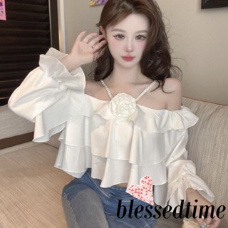 Blessedtime- เสื้อเบลาส์ลําลอง แขนยาว เปิดไหล่ สายคล้องคอ ประดับพลอยเทียม เปิดหลัง แฟชั่นฤดูใบไม้ผลิ สําหรับผู้หญิง