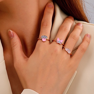 แหวนนิ้วชี้ รูปเห็ด และผีเสื้อน่ารัก สีรุ้ง แบบสร้างสรรค์ สไตล์เรโทร สําหรับผู้หญิง
