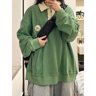 8124# Polo shirt with embossed print on the back Long green loose long sleeve sweatshirt for women
