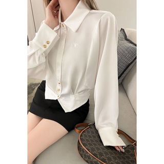 U2Y1 CEL 23 autumn and winter New letter embroidery short shirt design simple lantern sleeves fashion all-match shirt for women