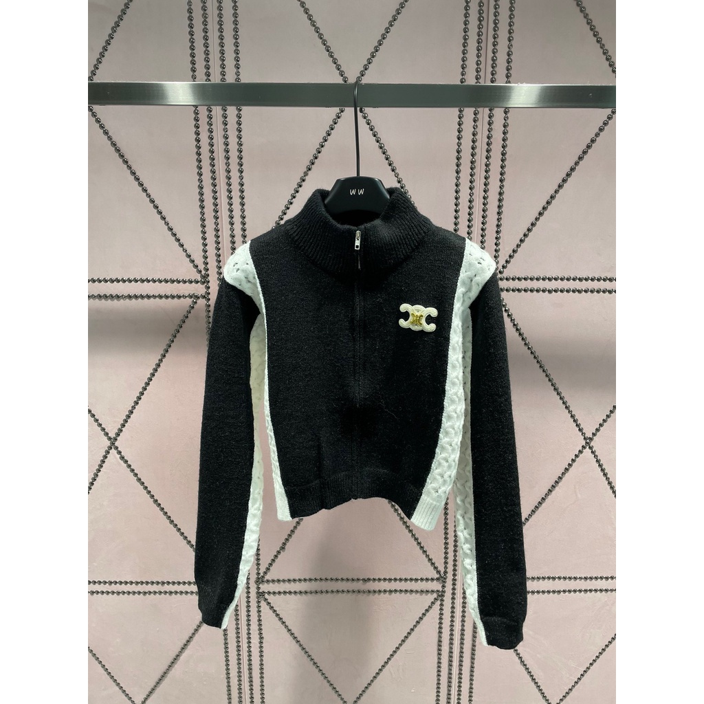 gn8d-cel-23-autumn-and-winter-new-small-turtleneck-zipper-cardigan-sweater-arc-de-triomphe-three-dimensional-embroidery-color-matching-design-slim-fit