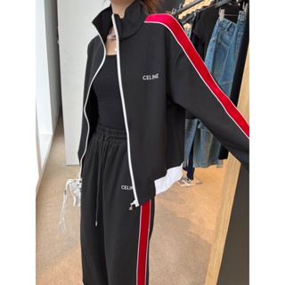 FJEW CEL 23 autumn and winter New contrast color ribbon stitching sports top zipper coat ribbon stitching straight pants suit