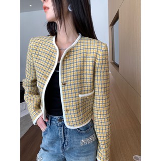 LGTP MIU MIU 23 autumn and winter new yellow plaid wool tweed coat fashionable all-match back letter embroidered logo