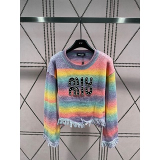 OZYF MIU MIU 23 autumn and winter new tie-dyed gradient stripe beaded letter tassel long sleeve pullover sweater for women fashion