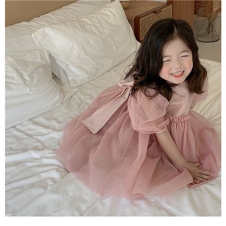ชุดเดรสผ้าตาข่าย ประดับโบว์ สีชมพู แฟชั่นฤดูร้อน สําหรับเด็กผู้หญิง อายุ 1-5 ปี