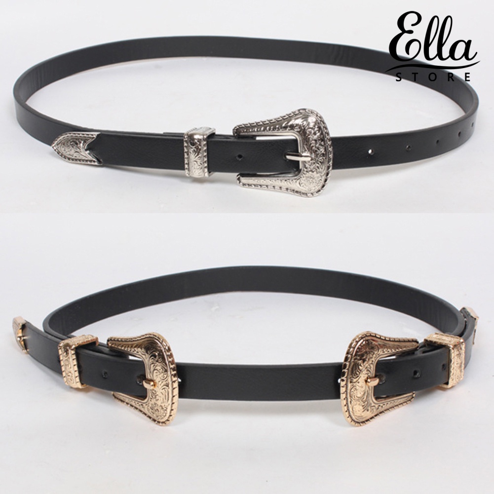 ellastore123-เข็มขัดหนังเทียม-หัวเข็มขัดคู่-สไตล์ตะวันตก-สําหรับผู้หญิง