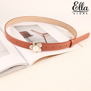 Ellastore123 เข็มขัดหนังเทียม ประดับไข่มุกปลอม ปรับได้ หลายรู สําหรับผู้หญิง