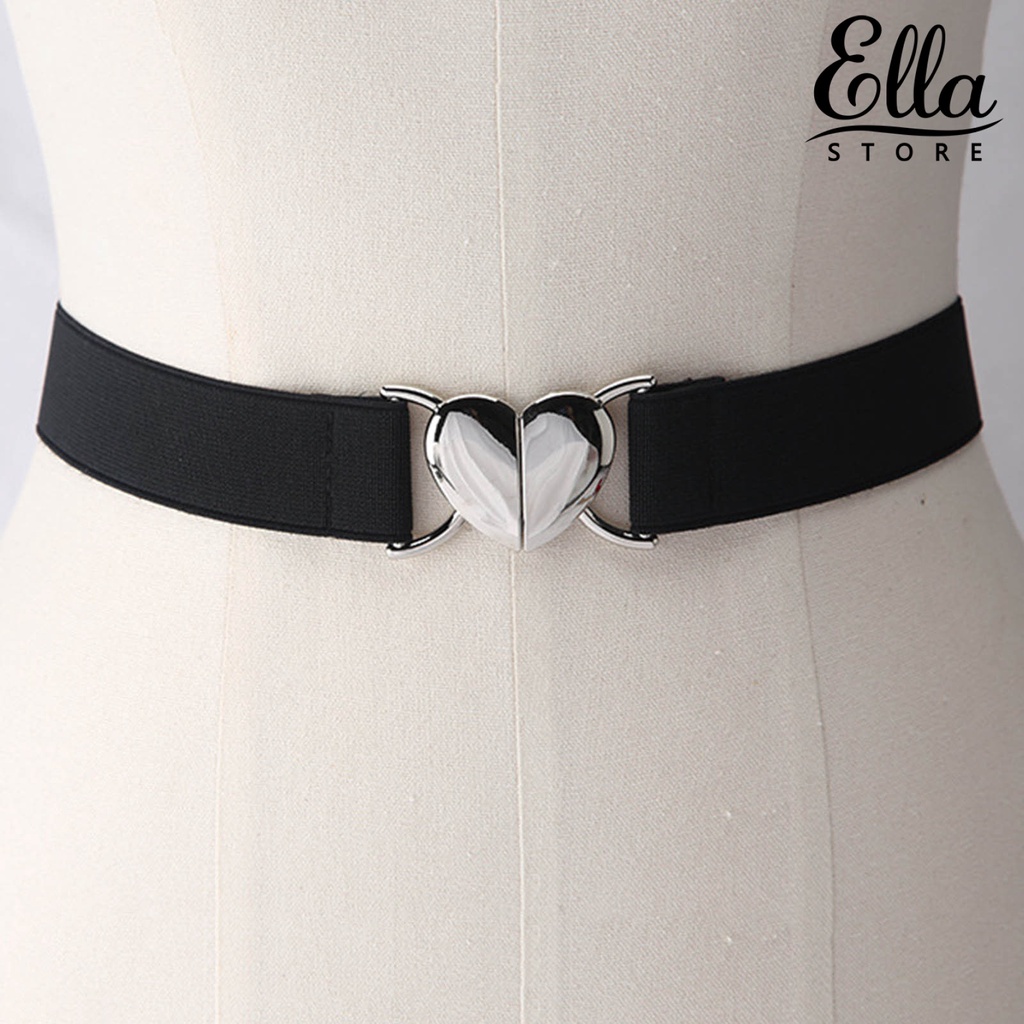 ellastore123-เข็มขัดถัก-ขอบกว้าง-เรียบ-รูปหัวใจ-หัวเข็มขัดโลหะ-ยืดหยุ่น-เครื่องประดับ-สําหรับผู้หญิง