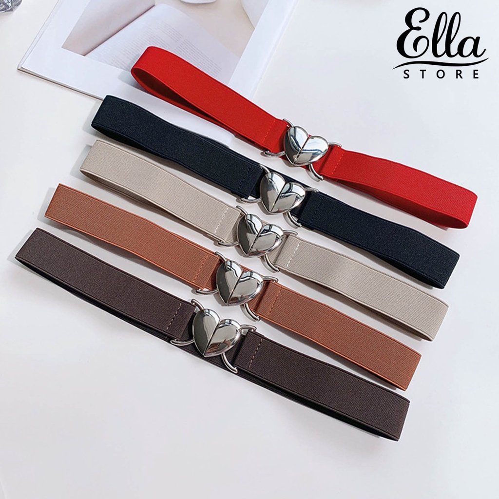 ellastore123-เข็มขัดถัก-ขอบกว้าง-เรียบ-รูปหัวใจ-หัวเข็มขัดโลหะ-ยืดหยุ่น-เครื่องประดับ-สําหรับผู้หญิง