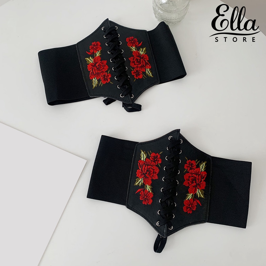 ellastore123-เข็มขัดคาดเอว-หนังเทียม-ยืดหยุ่น-ปักลายดอกกุหลาบ-ปรับได้-ใส่สบาย-แฟชั่น-สําหรับผู้หญิง