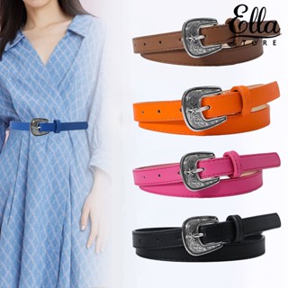 Ellastore123 เข็มขัดหนังเทียม หัวเข็มขัดโลหะ ปรับได้ สีพื้น ทนทาน สไตล์วินเทจ สําหรับผู้หญิง