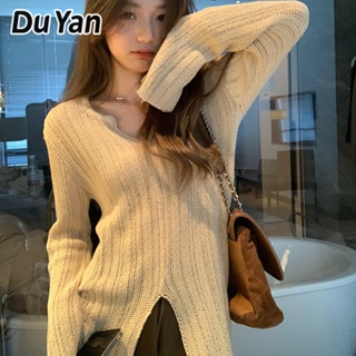 Du Yan เสื้อยืดแขนยาว คอวี สีพื้น สไตล์เกาหลี เรียบง่าย สําหรับผู้หญิง
