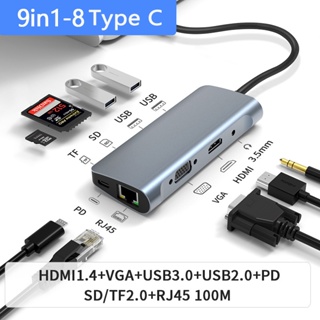 9 in 1 อะแดปเตอร์ USB C เป็น 4K HDMI พร้อม RJ45 อีเธอร์เน็ต VGA PD ชาร์จ TF/SD แจ็คเสียง วิดีโอ สําหรับ MacBook Pro OTG