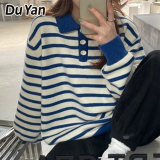 Du Yan เสื้อยืดลําลอง แขนยาว คอตุ๊กตา ลายทาง สไตล์เกาหลี พลัสไซซ์ สีตัดกัน แฟชั่นฤดูใบไม้ร่วง สําหรับสตรี 2023