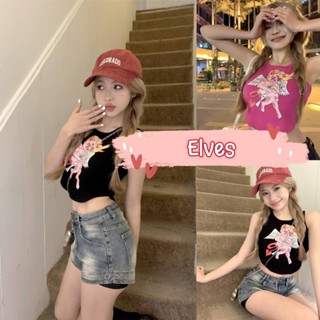 Elves✨พร้อมส่ง✨ เสื้อกล้ามท็อป ไหมพรม ทรงครอปสั้น ดีเทลลายการ์ตูน มี2สี ~M3827~ -C