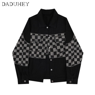 DaDuHey🎈 American Style High Street Hiphop Classic Style Denim Jacket Womens Ins Fashion Casual Retro Chessboard Plaid Top