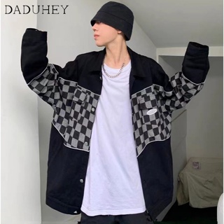 DaDuHey🔥 Mens American Style High Street Hiphop Classic Style Denim Jacket  Ins Fashion Casual Retro Chessboard Plaid Top