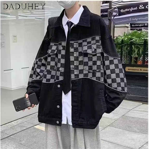 daduhey-american-style-high-street-hiphop-classic-style-denim-jacket-mens-ins-fashion-casual-retro-chessboard-plaid-top