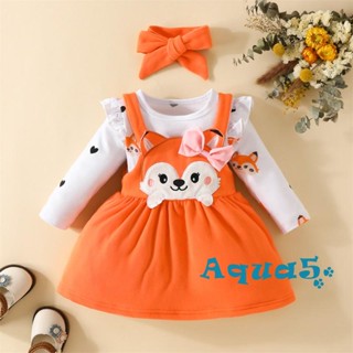 Aqq- ชุดรอมเปอร์ แขนยาว พิมพ์ลายสุนัขจิ้งจอก และกระโปรง สีส้ม ที่คาดผม สําหรับเด็กผู้หญิง 3 ชิ้น