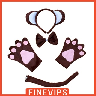 [Finevips] ชุดเครื่องแต่งกายสัตว์ หูสัตว์ ถุงมือ โบ และหาง สําหรับผู้ใหญ่ เด็ก 4 ชิ้น