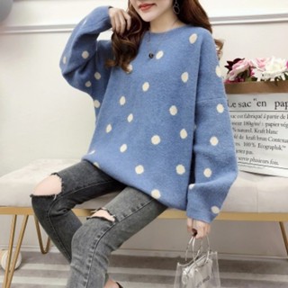 Sweater เสื้อสเวทเตอร์ไหมพรม สีฟ้า แขนยาวลายจุด