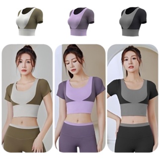 เสื้อยืดออกกำลังกาย Sport Bra แขนสั้น มีฟองน้ำในตัว ดีไซน์สวย ผ้ายืดหยุ่นได้ดี Size S-XXL