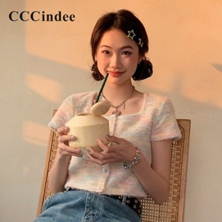 Cccindee เสื้อยืดแขนสั้น คอสี่เหลี่ยม สีตัดกัน แฟชั่นใหม่ สําหรับผู้หญิง 2023