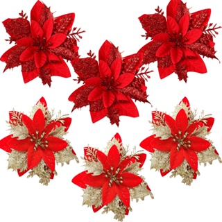 ดอกไม้คริสต์มาส สีแดง สีทอง วิบวับ หัวดอกไม้ สําหรับ Noel ตกแต่งบ้าน ต้นไม้ ปาร์ตี้ Navidad อุปกรณ์ตกแต่งโต๊ะ 3 ชิ้น