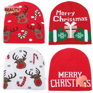 Beauty หมวกบีนนี่ ผ้าถักอะคริลิค แบบหนา ลายคริสต์มาส กวาง แบบสวมหัว ให้ความอบอุ่น สําหรับผู้หญิง