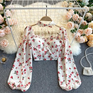 เสื้อเชิ้ตแขนพัฟ ลายดอกไม้ สําหรับผู้หญิง