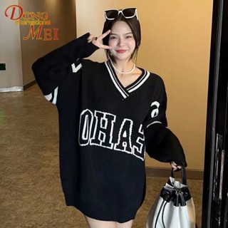 เสื้อถักนิตติ้ง ความยาวปานกลาง ทรงหลวม ขนาดใหญ่ พิมพ์ลายตัวอักษร V สีตัดกัน แฟชั่นฤดูใบไม้ร่วง และฤดูหนาว 2023
