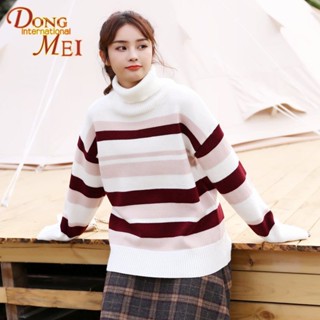 เสื้อกันหนาว คอสูง แบบสวมหัว ทรงหลวม ความยาวปานกลาง ผ้าถัก ลายทาง แฟชั่นฤดูใบไม้ร่วง และฤดูหนาว สไตล์เกาหลี สําหรับผู้หญิง 2023