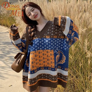 เสื้อกันหนาว คอวี ความยาวปานกลาง ทรงหลวม ขนาดใหญ่ สีคอนทราสต์ สไตล์เรโทร สําหรับผู้หญิง 2023