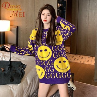 เสื้อกันหนาว ผ้าแจ็คคาร์ด แบบสวม ทรงหลวม พิมพ์ลายตัวอักษรหน้ายิ้ม สไตล์เกาหลี ตะวันตก เหมาะกับฤดูใบไม้ร่วง และฤดูหนาว สําหรับผู้หญิง 2023