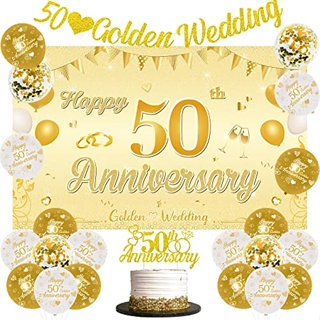 Cheereveal ชุดตกแต่งครบรอบแต่งงาน ครบรอบ 50 ปี ฉากหลังครบรอบแต่งงาน สีทอง ขาว ทอง 50 ชิ้น ท็อปเปอร์เค้ก และแบนเนอร์ สําหรับงานเลี้ยงครบรอบ สุขสันต์วันครบรอบ