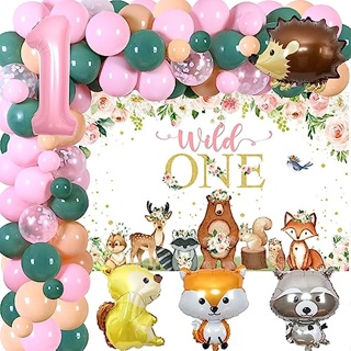 Cheereveal Woodland ชุดซุ้มลูกโป่ง ลายป่าไม้ 1st สีชมพู สําหรับตกแต่งปาร์ตี้วันเกิด