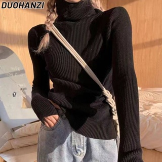 Duohanzi เสื้อกันหนาวแขนยาว คอสูง ผ้าถัก เข้าได้กับทุกชุด สไตล์ตะวันตก สําหรับผู้หญิง
