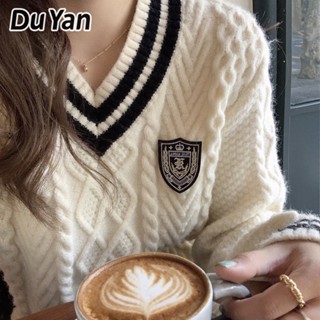 Du Yan เสื้อกันหนาว คอวี ทรงหลวม สไตล์เกาหลี สําหรับผู้หญิง