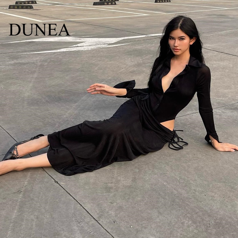 dunea-ชุดเสื้อแขนยาว-คอปก-แต่งกระดุมแถวเดียว-และกระโปรงพลีท-เซ็กซี่-สําหรับผู้หญิง